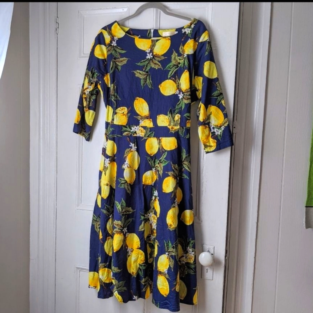 Retro Navy midi dress with lemon print and sleeves